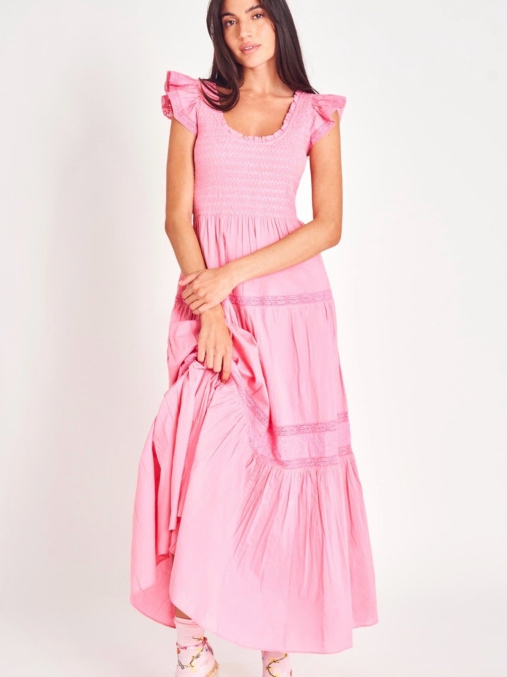 LoveShackFancy Chessie Dress Vivid Pink Smocked Ruffle Maxi Dress Size Medium
